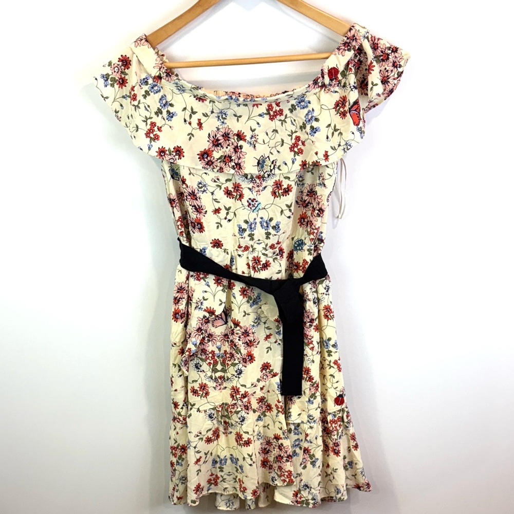 Maje 100% silk Floral Off-Shoulder Dress with Black Belt size 3 ( fits M/L) - Picture 3 of 11